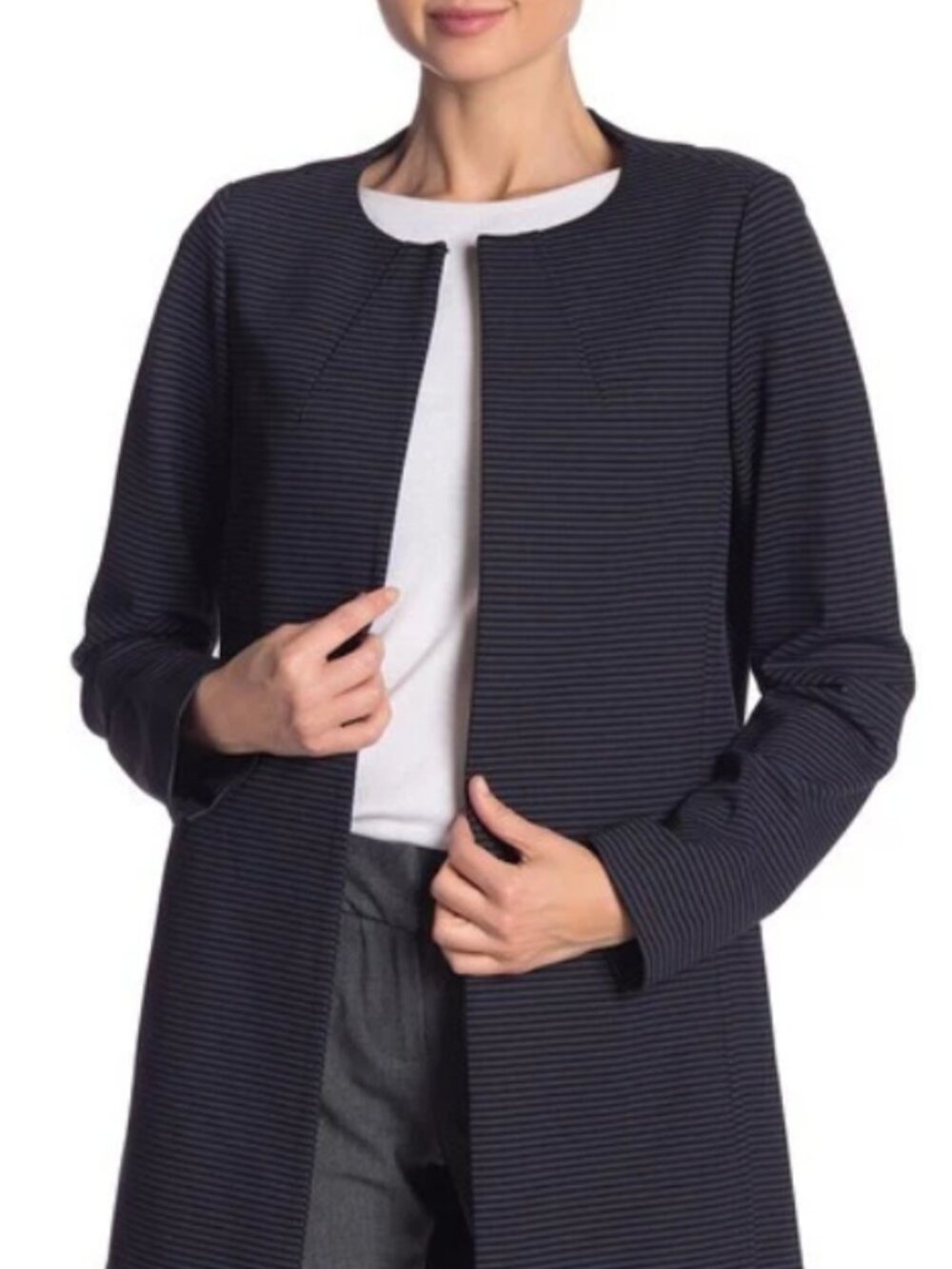 Amanda + Chelsea Striped Ponte Topper Jacket Navy Black Longline Open Front NWT